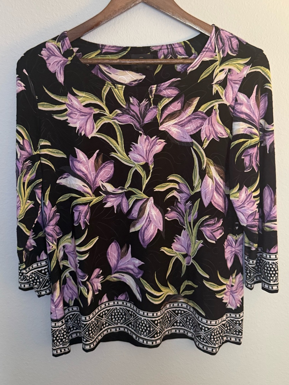 JM Collection Black Long-Sleeve Floral Top with Purple & Green Print